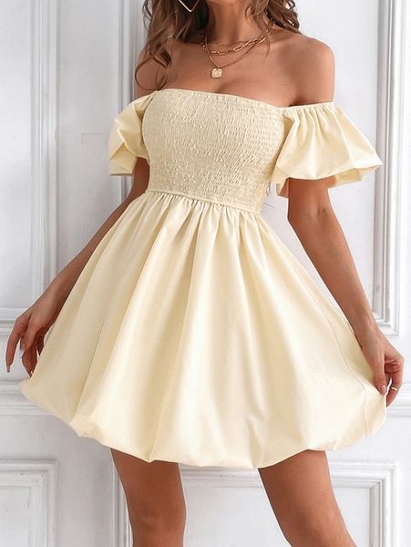 

off the shoulder shirred flared hem dress x3kh#, Black;gray