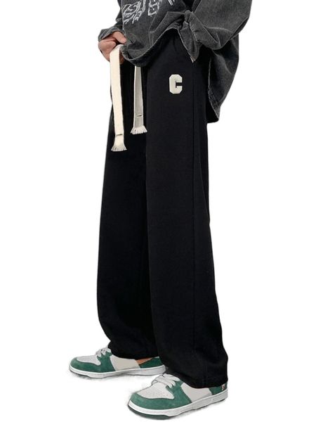 

men letter patched detail drawstring waist pants 72nl#, Black