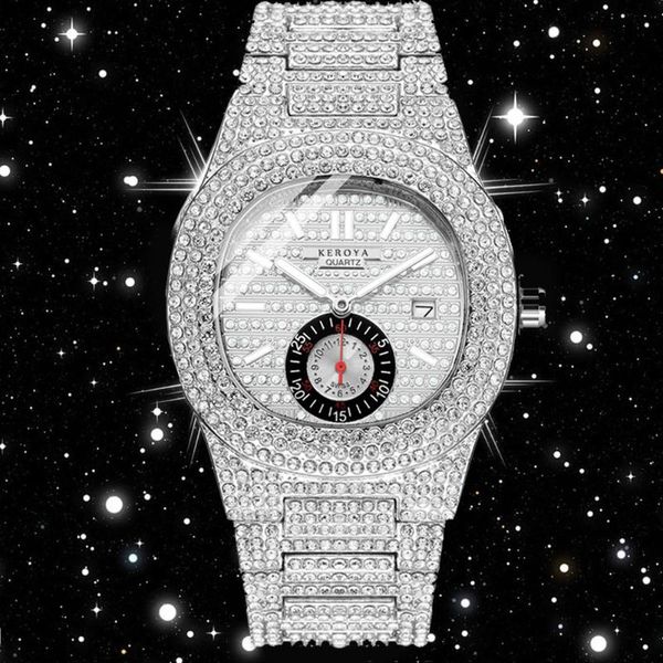 Relógios de pulso Relógio de pulso de quartzo para homens Moda à prova d'água Hip Hop Relógios masculinos Prata Masculino Iced Out Diamond Luxo Reloj XFCS