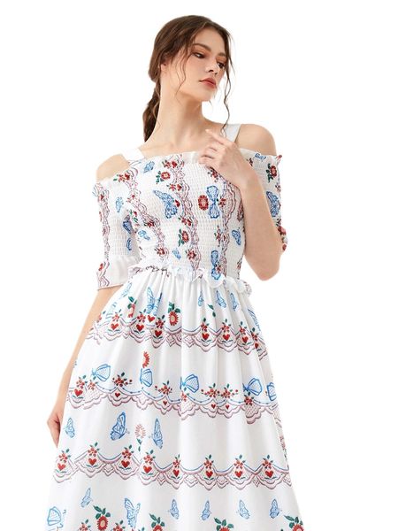 

floral & butterfly decor shirred cold shoulder ruffle trim dress c89t#, Black;gray