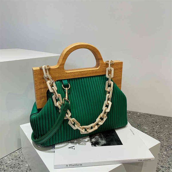 

new style wooden handle handbag fashion chain fold stripe single shoulder bag simple messenger bag women's purses bags ladies y220614