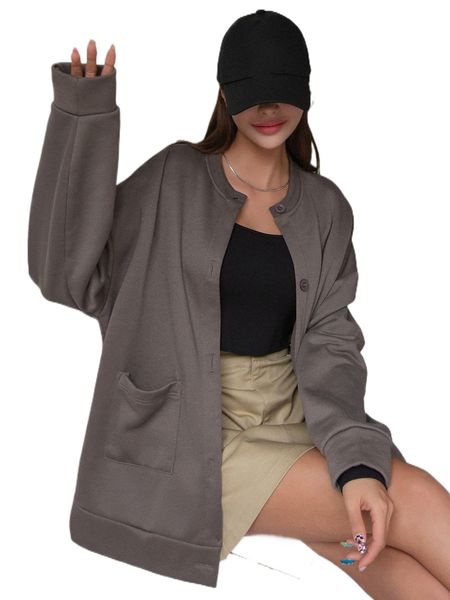 

dazy button up dual pockets drop shoulder sweatshirt r9zq#, Black;brown