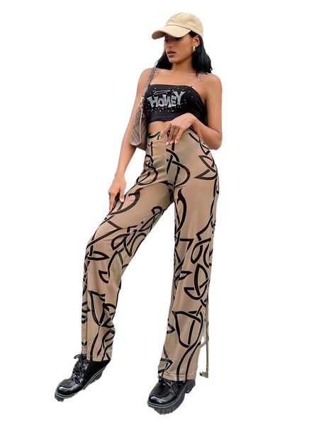 

graphic print split hem pants v32f#, Black;white