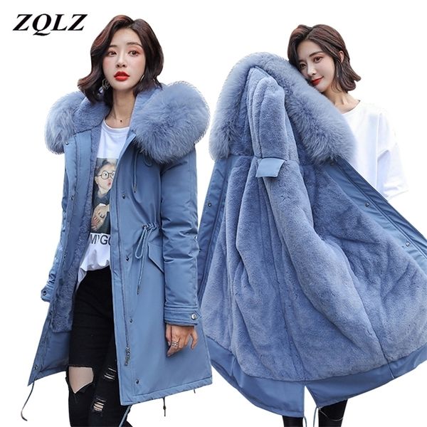 ZQLZ Winter Coat Женщины теплые густые длинные парки Донна хлопковые дамы Джассен зимний фальшивый шерный воротник женские куртки 201210