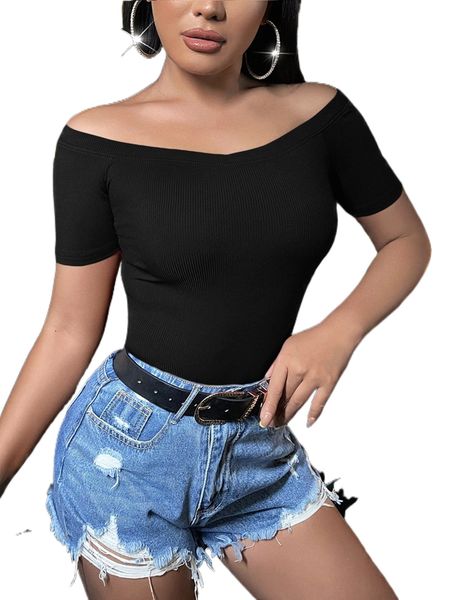 

off shoulder rib-knit tee h34o#, White