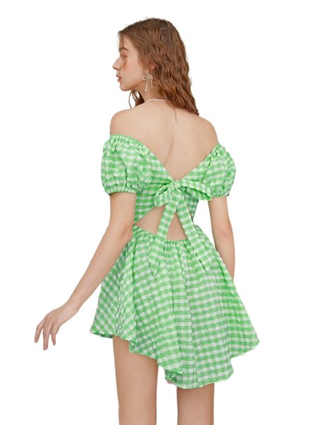 

gingham print off shoulder cut out tie back ruffle hem dress 25a7#, Black;gray