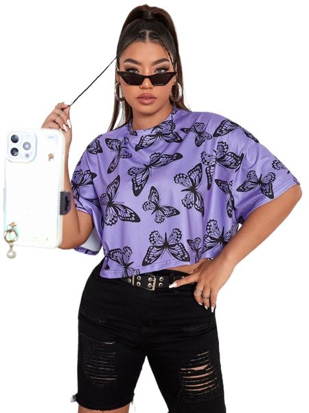 

plus drop shoulder allover butterfly print tee 3372#, Black