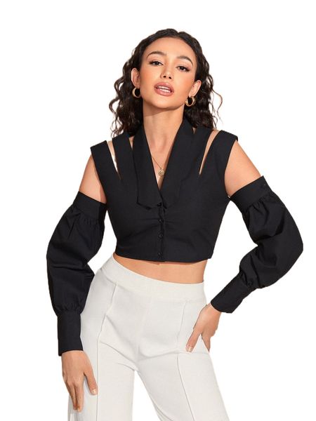 

x exordia button front cut out crop blouse y7x6#, White