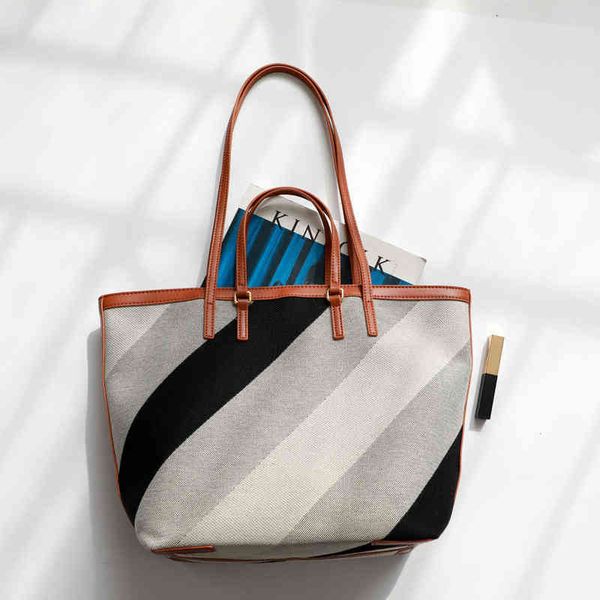 

2022 large-capacity casual bag women's new fashion striped canvas shoulder bag simple shopping women tote bags g220421