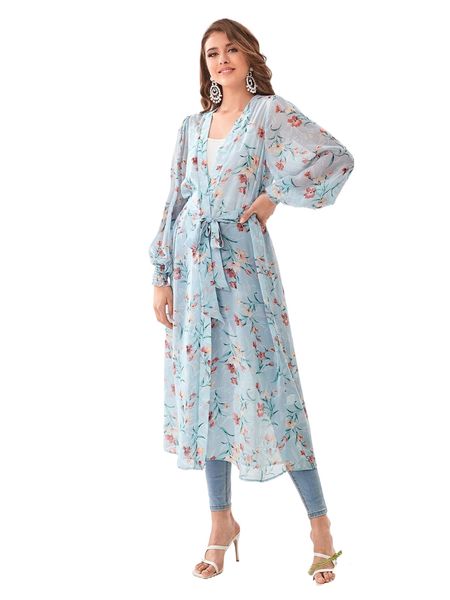 

floral print shirred cuff belted chiffon kimono c9by#, White;black