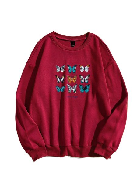 

letter and butterfly print drop shoulder sweatshirt e63k#, Black