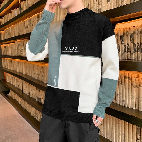 

men pullover fashion oneck autumn winter knit patchwork striped male thick sweater casual jumpers outwear full sweater 220812, White;black