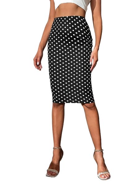 

tall high waist polka dot print skirt b9k4#, Black