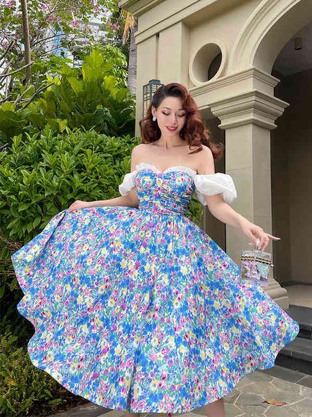 

casual dresses vintage original retro white blue purple small broken flower pleated french skirt uob1, Black;gray