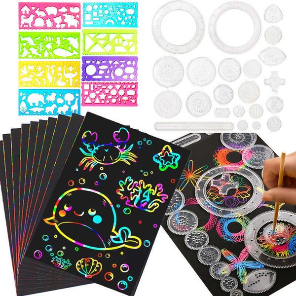 

40pcs diy rainbow papers classic gear spirograph drawing set animal geometric scratch painting stencils rulers kids art crafts toys
