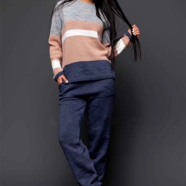 

amolapha women hit color patchwork knitted pulloverspants 2 pieces clothing sets casual patchwork tracksuits y200110, White