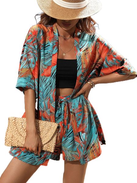 

tropical print drop shoulder blouse & shorts without cami v6x7#, White