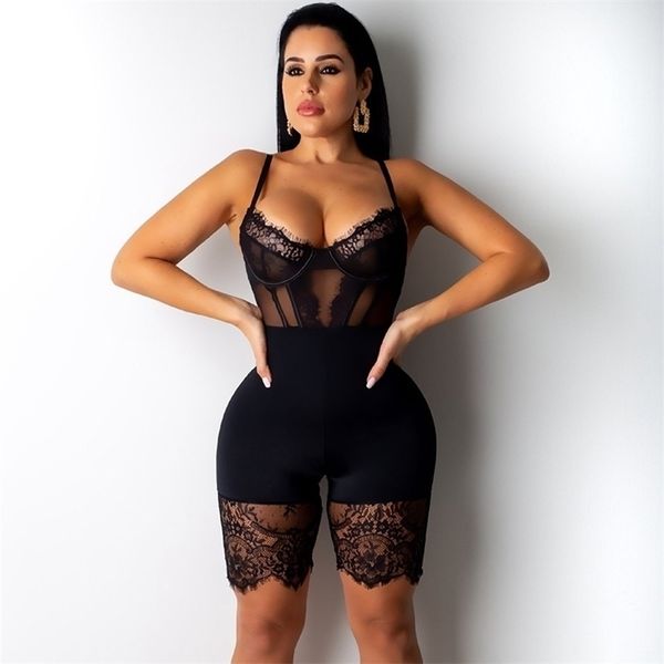 Seksi Dantel Bodysuit Kadınlar Arka Romper Black Bodycon Tulum Tulumları Zarif Sıska Parti Kulübü Bodysuit Kısa Oyun T200113