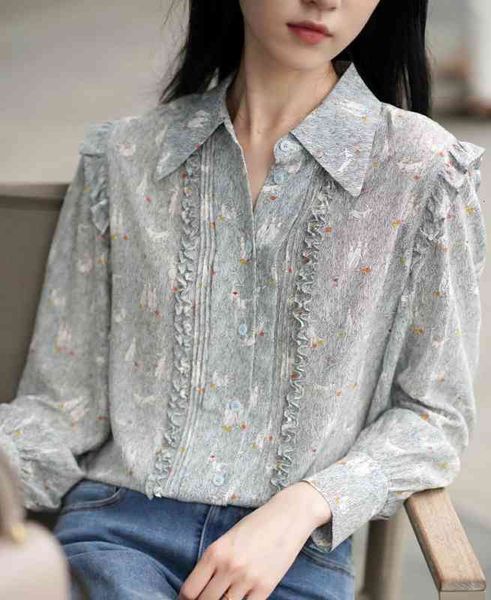 

women's blouses & shirts xiaohe grass white rabbit printed crepe de chine silk lotus leaf fancy blouse for women