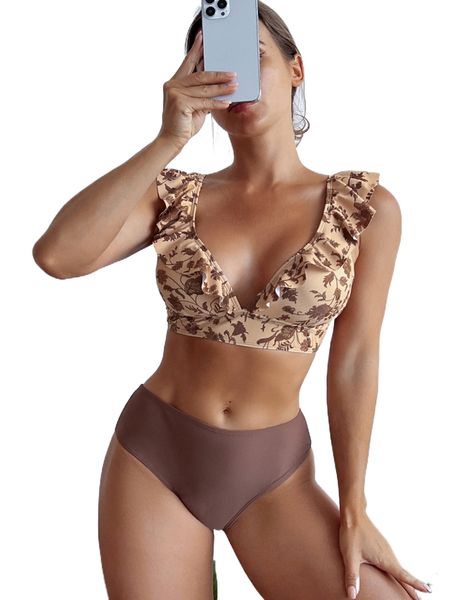 

floral print ruffle trim bikini swimsuit t85k#, White;black