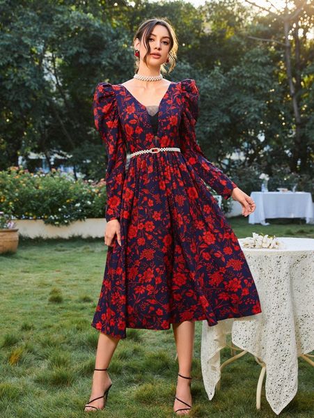 

allover floral print gigot sleeve dress without belt h9jk#, Black;gray