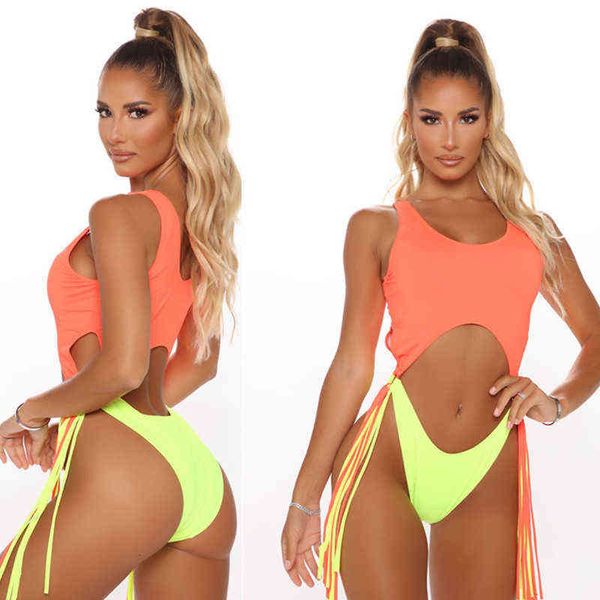 

one-piece swimsuit strange contrast color tassel 2111-1, White;black