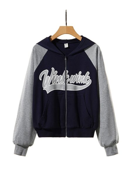 

teen girls zip up raglan sleeve letter graphic hoodie without i6mm#, Black;white