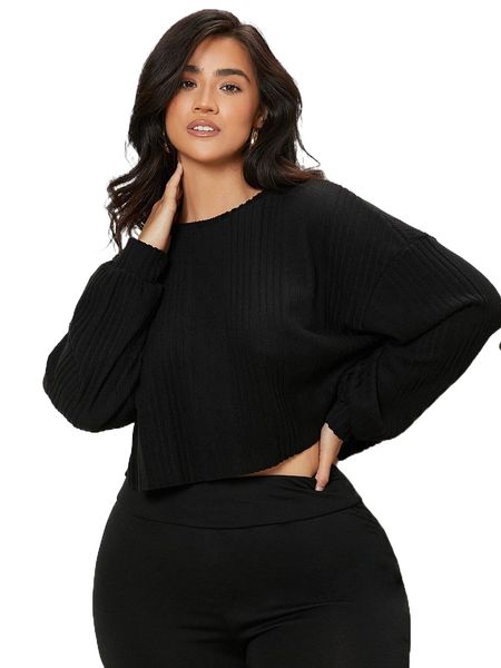 

plus drop shoulder ribbed knit tee h5mp#, Black