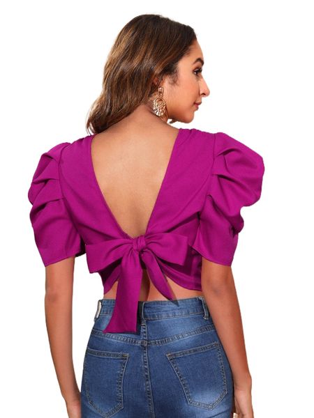 

puff sleeve tie back blouse 21g4#, White