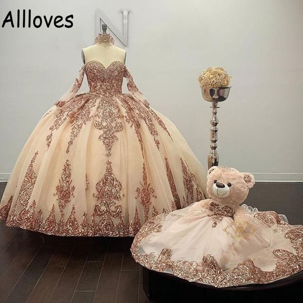

rose gold sparkly quinceanera dresses modest sweetheart long sleeves lace appliuqed puffy princess ball gown girl sweet 16 dress prom pagean, Blue;red