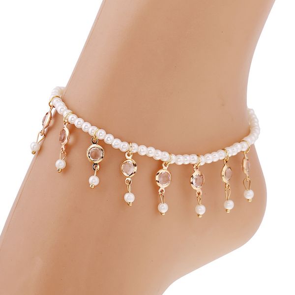

european summer beach geometric rhombus tassel anklet women imitation pearl love heart anklet for women, Red;blue