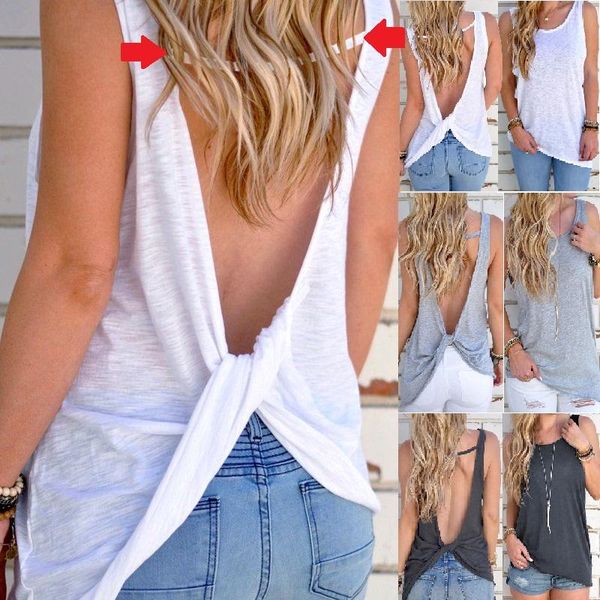 

women's tanks & camis summer women open back tank knot sleeveless backless cute tees blouse vest fitness running cami shirts, White