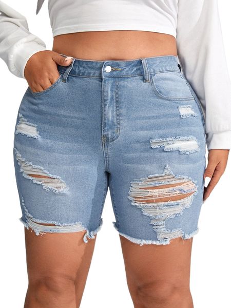 

plus ripped raw hem denim shorts n8k1#, White;black