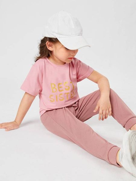 

toddler girls gold letter graphic tee & sweatpants she, White