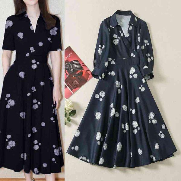

casual dresses spring and summer fashion women's polo v-neck snowflake print waist slim a-hem dress, Black;gray