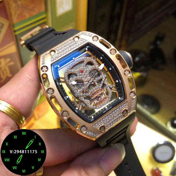 

watch date richa hollowed out skull men's automatic mechanical watch diamond inlaid personalized fashion luminous tide tape waterproof, Slivery;brown