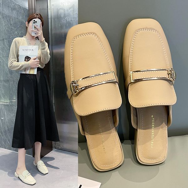 

slippers designer 2022 spring and summer new lazy french baotou low heel metal buckle muller slippers women wear square head half womenk4gu, Black