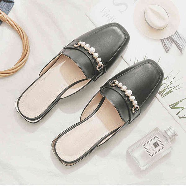 

women slippers real soft leather baotou half slippers women's summer fashion wear lazy muller shoes thick heel middle heels are versati, Black