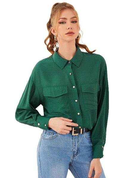 

x iman troye drop shoulder flap pocket blouse j3pa#, White