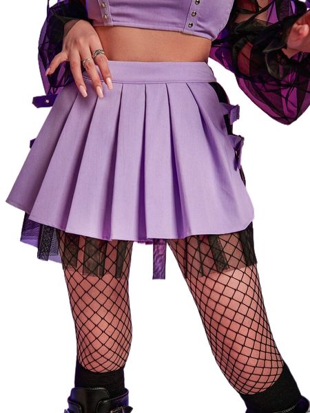 

1pc buckle strap mesh insert pleated skirt s0ey#, Black