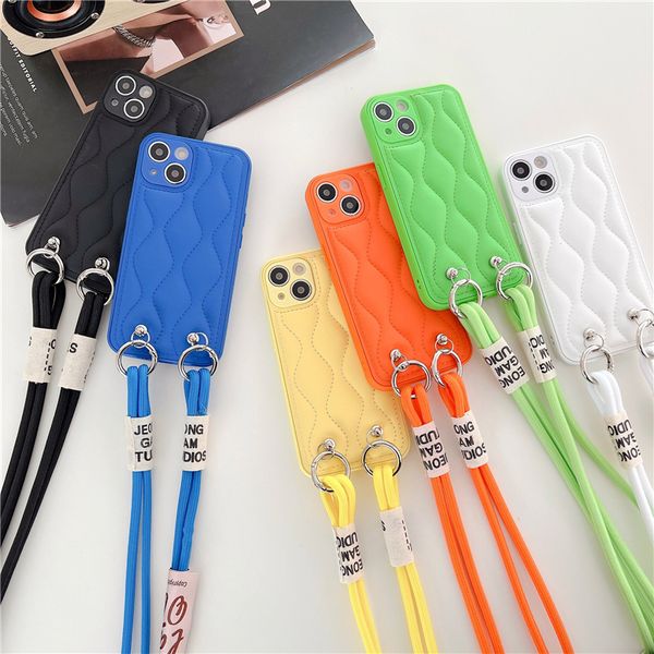 

crossbody chain wave pattern phone case for iphone 13 12 11 pro max xr xs lanyard rope full protective soft bumper vegan leather shell anti-