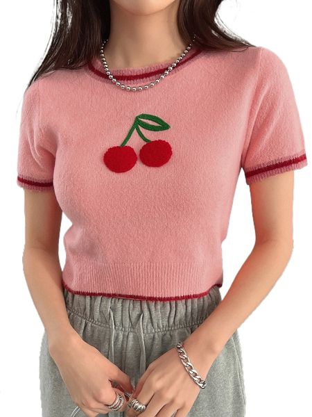 

dazy cherry embroidery striped trim knit v0fw#, White;black