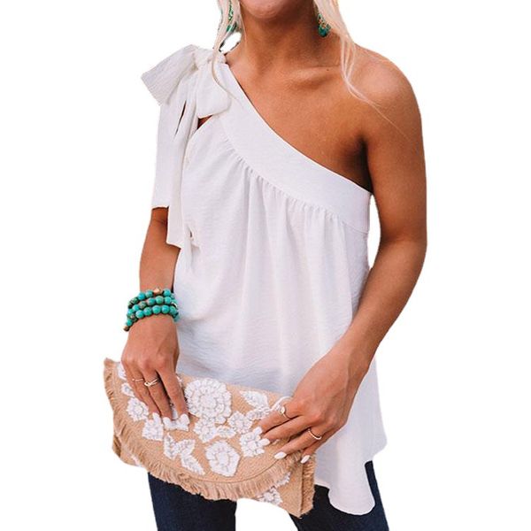 

women's t-shirt solid color casual summer big bow decoration ladies one shoulder womens fashion one-shoulder strappy ladies#g30, White