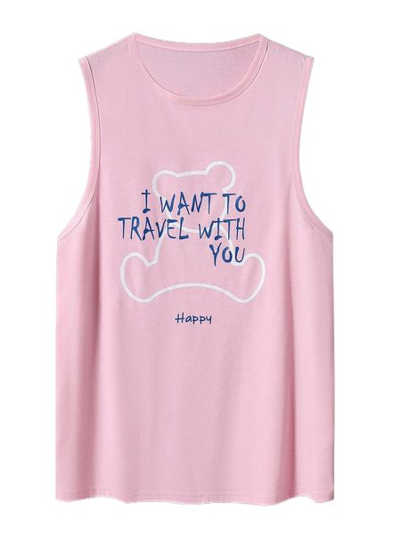 

men bear & slogan graphic tank n397#, White;black