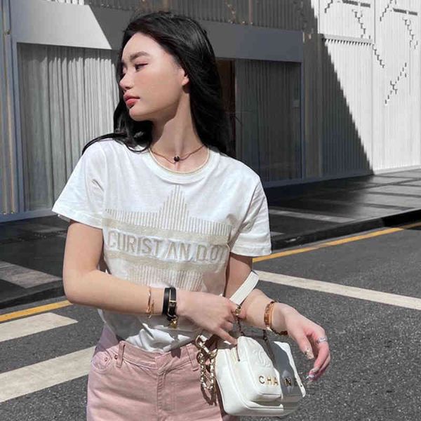 

coat sweaters embroidered jacquard 2022 summer new versatile slim five pointed star printed thread round neck short sleeve t-shirt women, White;black