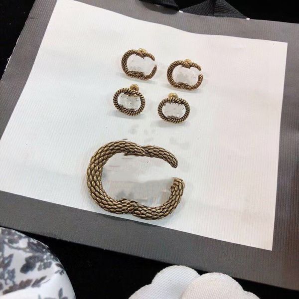 

european and american retro letters stud temperament wild suit jacket brooch and diamond earrings set fast delivery, Golden;silver