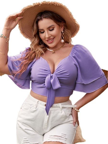 

plus layered sleeve shirred back knot front crop blouse j7aj#, Black