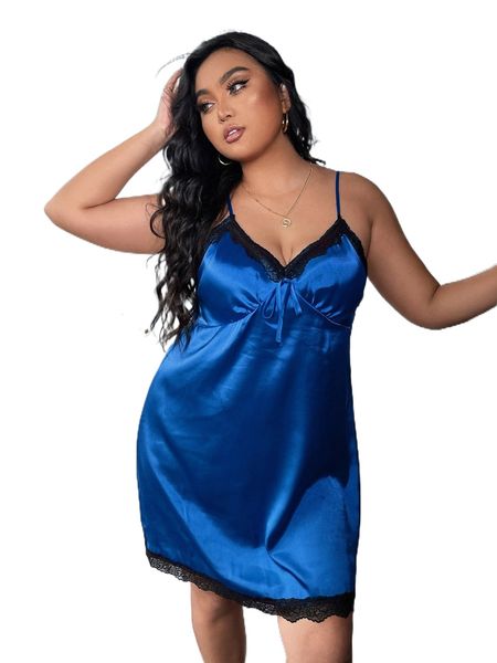 

plus tie front lace trim satin nightdress d3oo#, Black;white