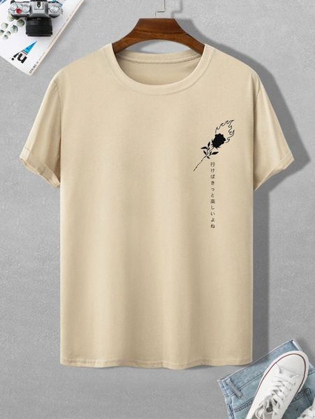 

men japanese character and floral print tee 62t0#, White;black