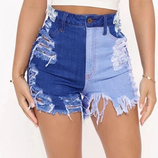 Short jeans feminino de cintura alta plus size 2022 verão jeans de algodão emenda com furo quebrado elástico feminino skinny sexy super curto jeans